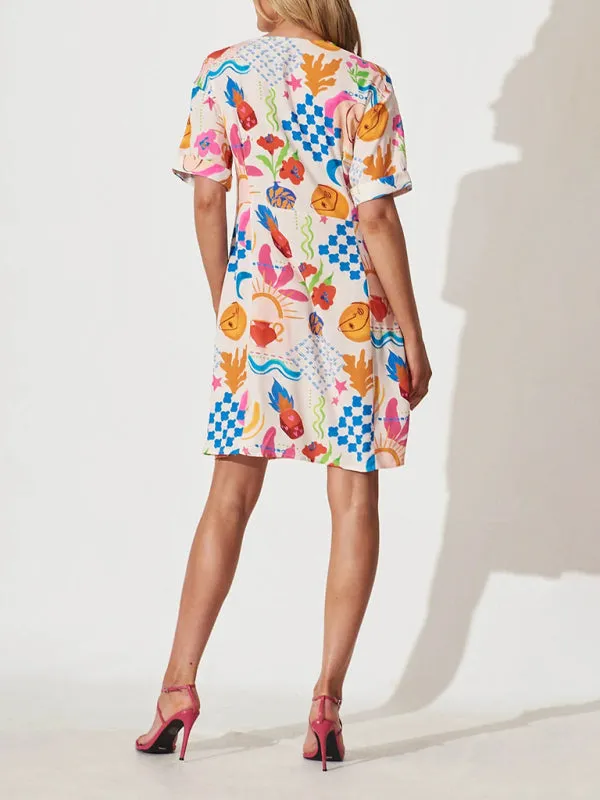 Women's Colorful Button-Up A-Line Dress with Short Sleeves