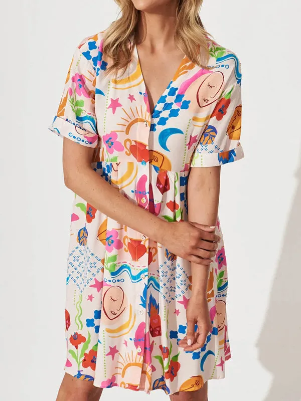 Women's Colorful Button-Up A-Line Dress with Short Sleeves