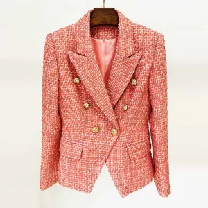 Womens Coral Jacket Gold Double Breasted Blazer Slim Fitting Tweed Coat