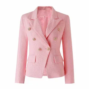 Women's Double Breasted Lion Buttons Pink Blazer Jacket