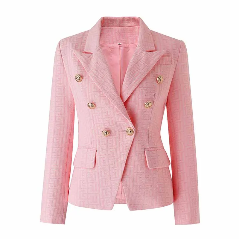 Women's Double Breasted Lion Buttons Pink Blazer Jacket