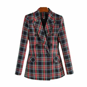 Womens Double Breasted Plaid Work Formal Blazer Jacket