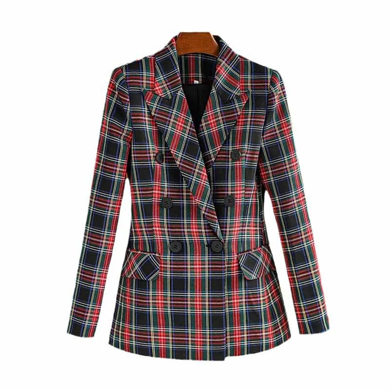 Womens Double Breasted Plaid Work Formal Blazer Jacket