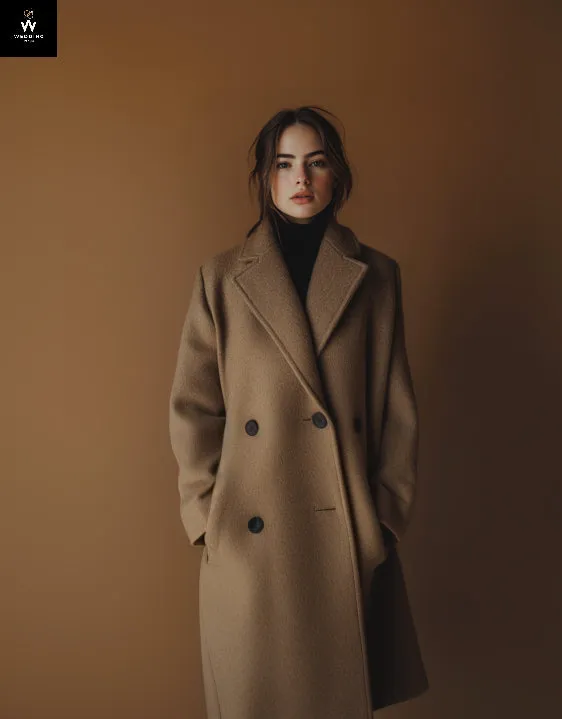 Women's Light Brown Wool Coat – Long Double-Breasted Winter Overcoat with Wide Notch Lapel