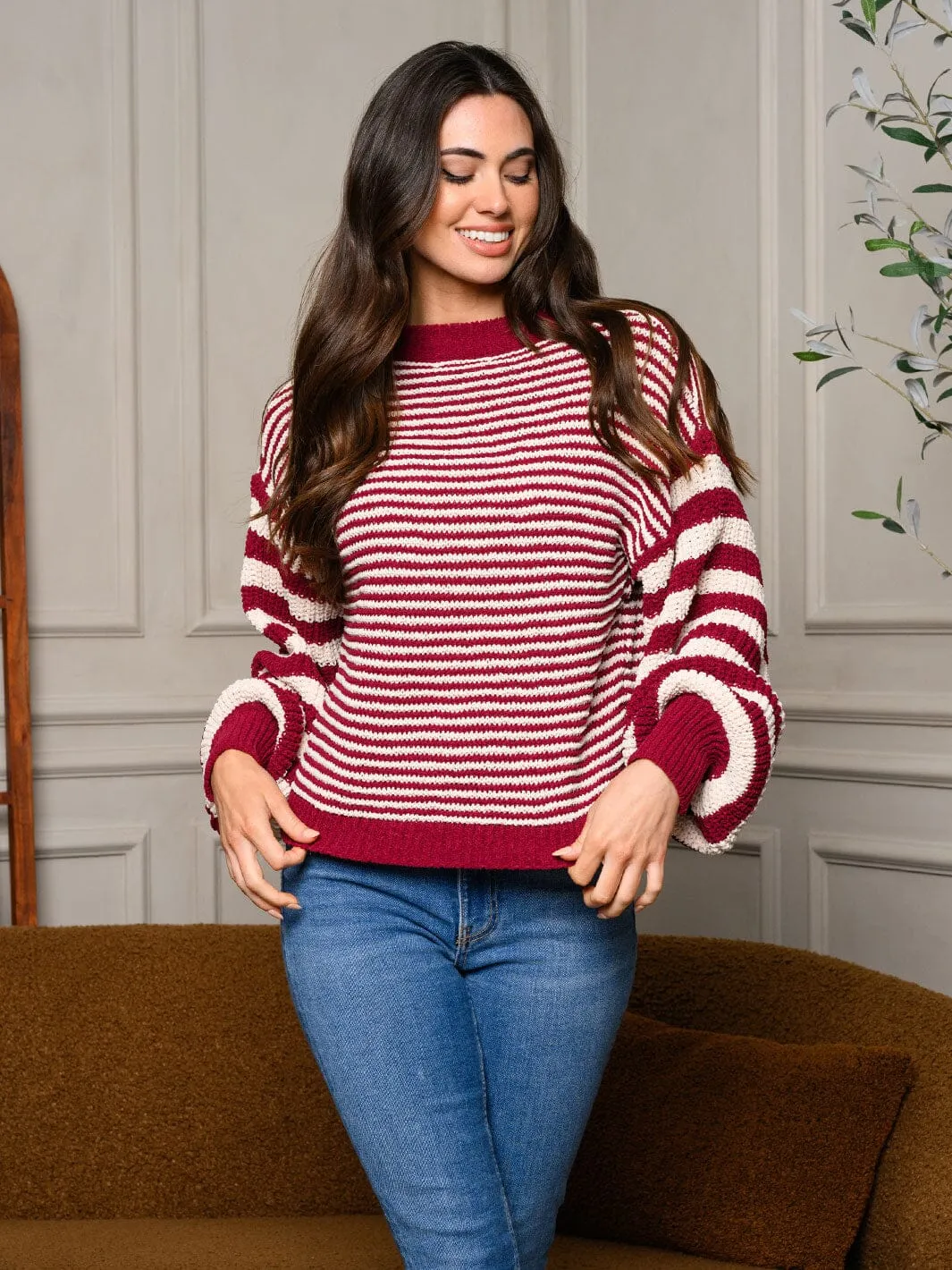WOMEN'S LONG BALLOON SLEEVE COLORBLOCK SWEATER