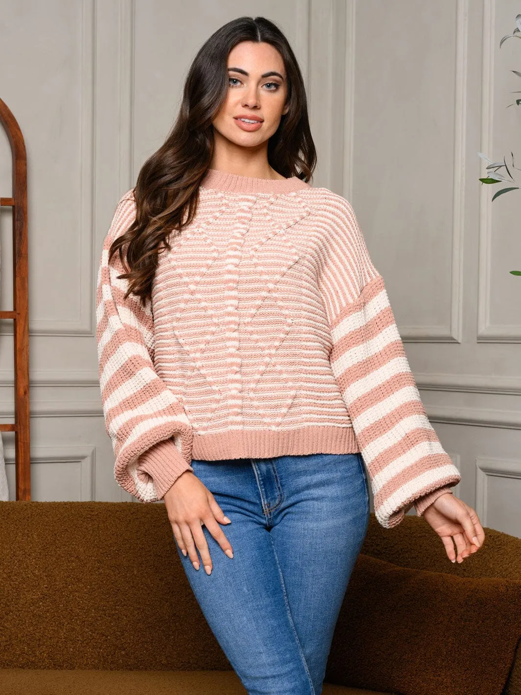 WOMEN'S LONG BALLOON SLEEVE COLORBLOCK SWEATER