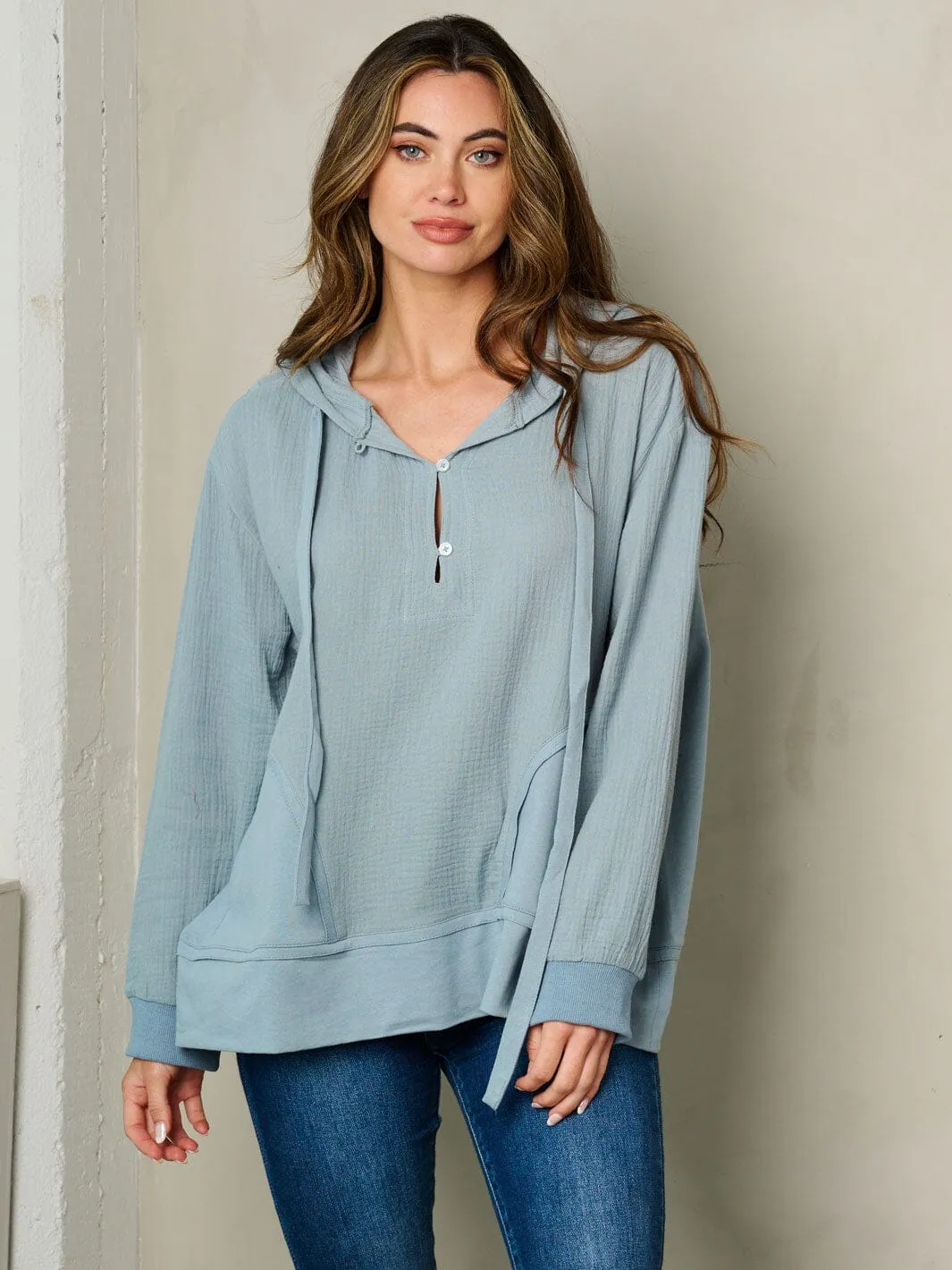 WOMEN'S LONG SLEEVE BUTTON CLOSURE HOODED SWEATER