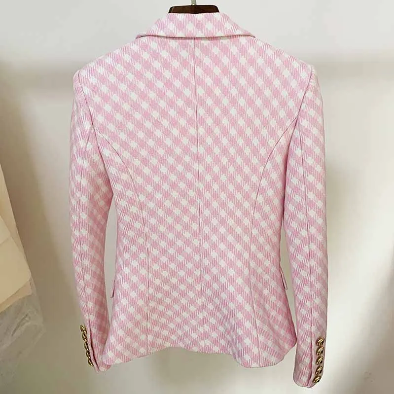 Women's Pink White Tweed Luxury Fitted Double Breasted Blazer with Lion Buttons