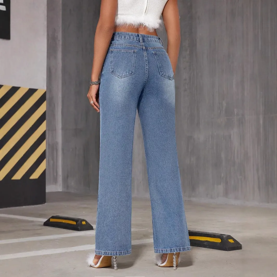 Women's straight wide-leg pants and high-waisted denim pants