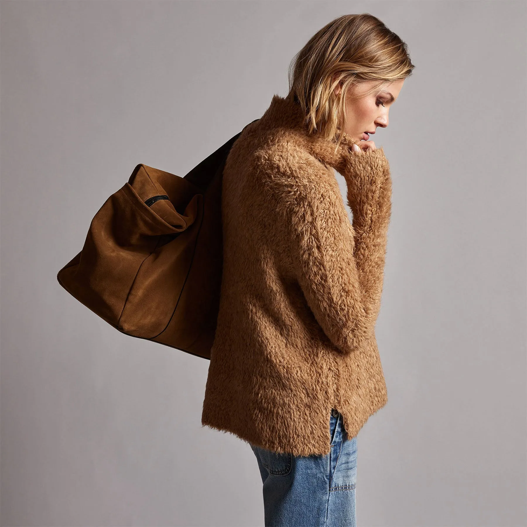 Wool Blend Sherpa Turtleneck Sweater - Caramel
