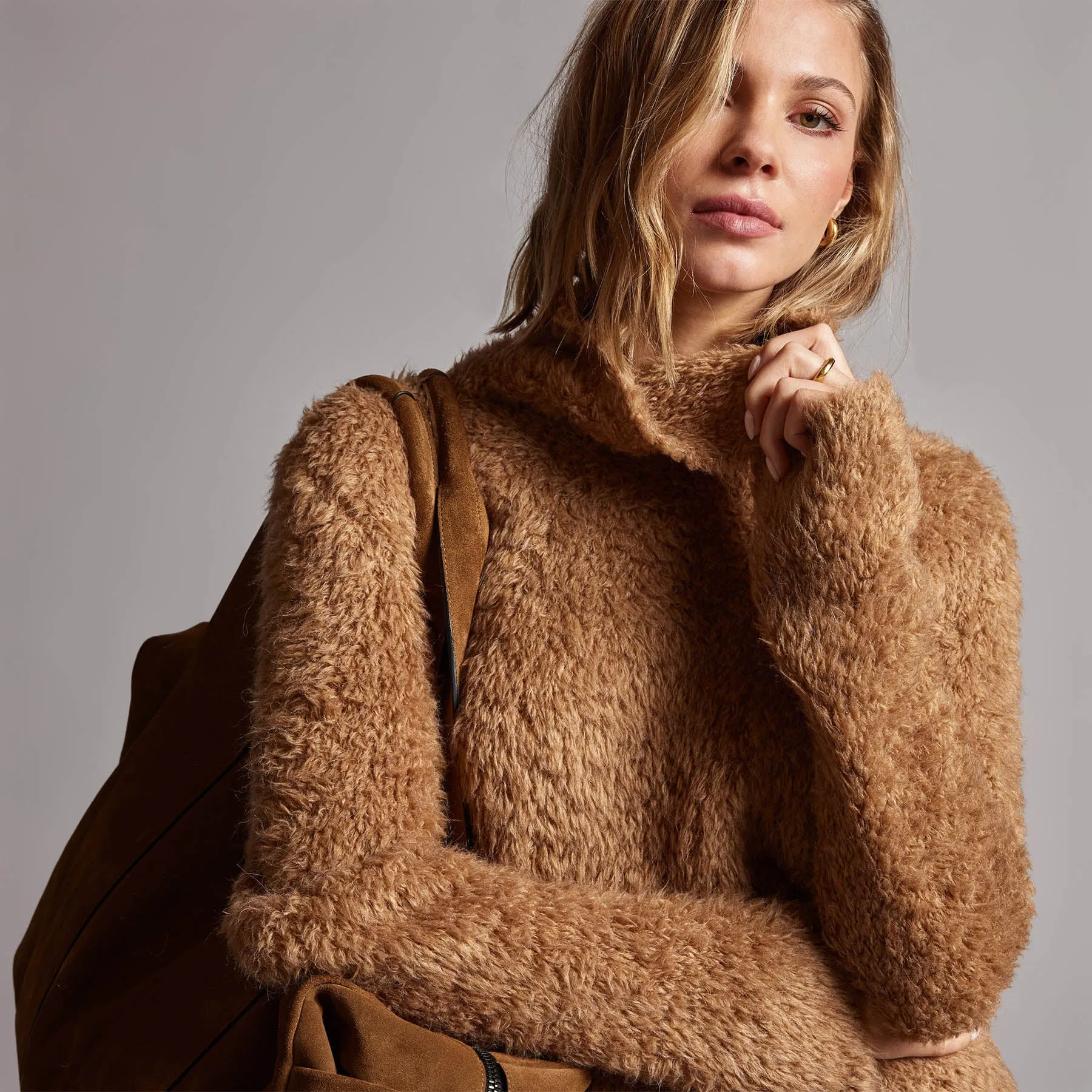 Wool Blend Sherpa Turtleneck Sweater - Caramel