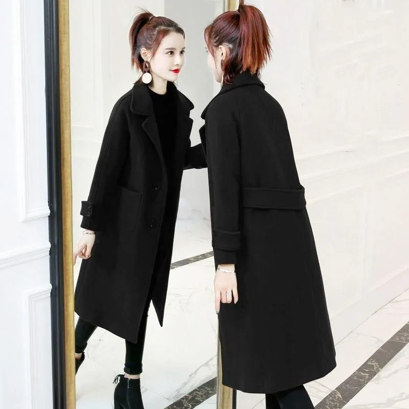 Woolen Coat Women's Mid-length Thickened Autumn and Winter Korean Loose Woolen Cloth Was Thin Winter Woolen Coat
