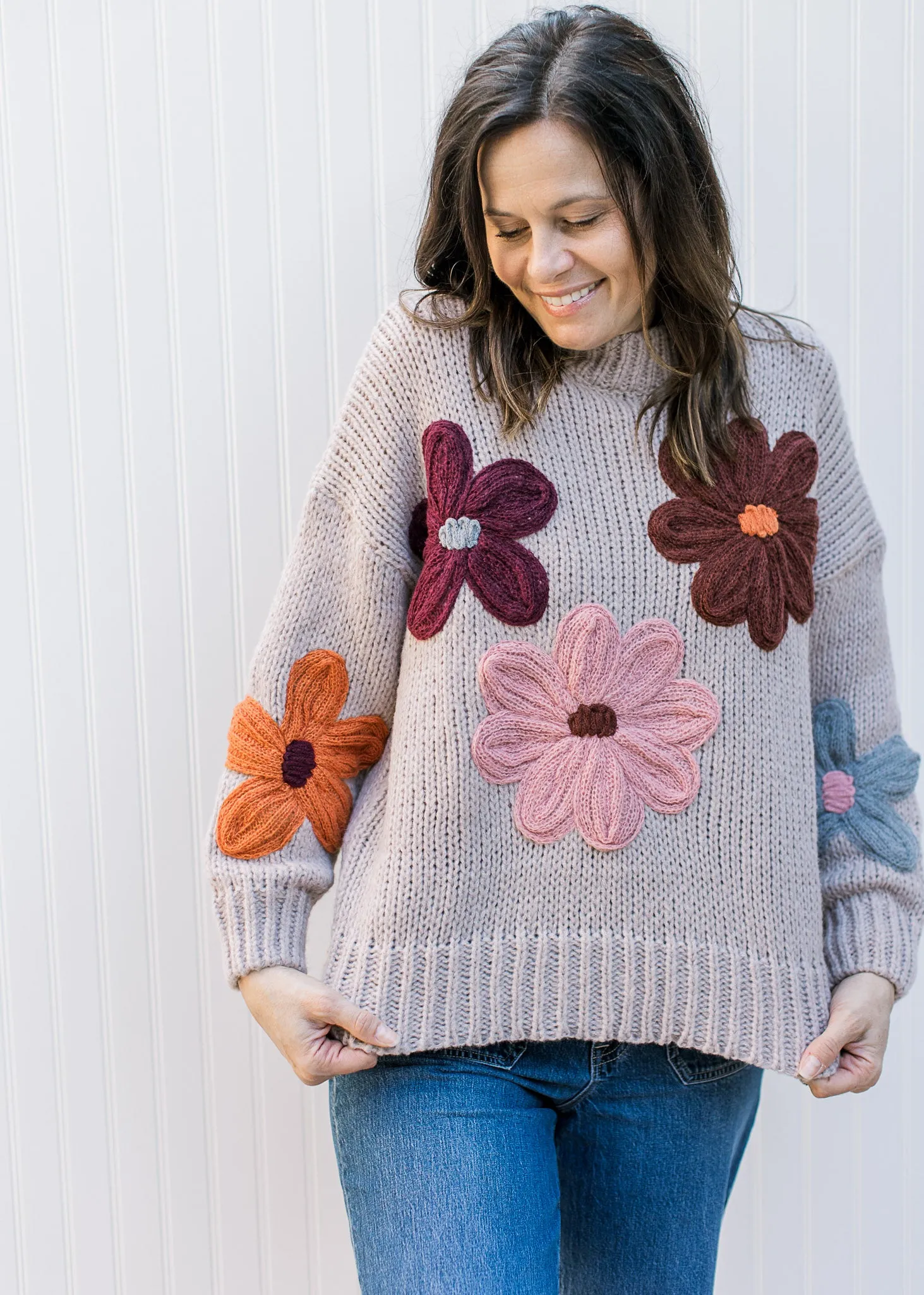 XZ Natural Yarn Flowers Sweater