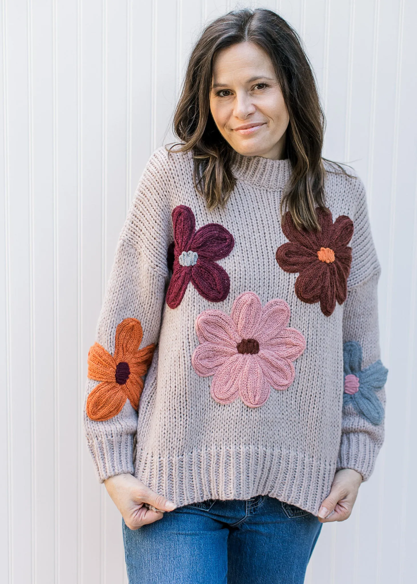XZ Natural Yarn Flowers Sweater