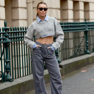 Y2K Designer Argyle Cropped Sweater – Oversized Long Sleeve Knit