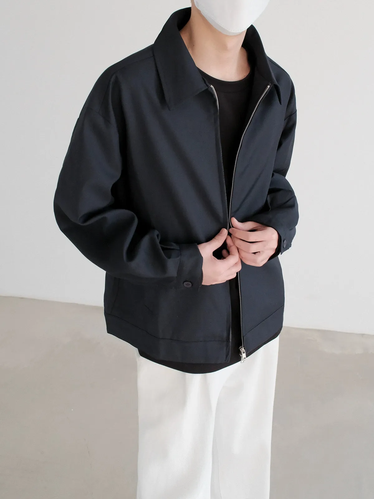 Zip Closure Plain Lapel Jacket